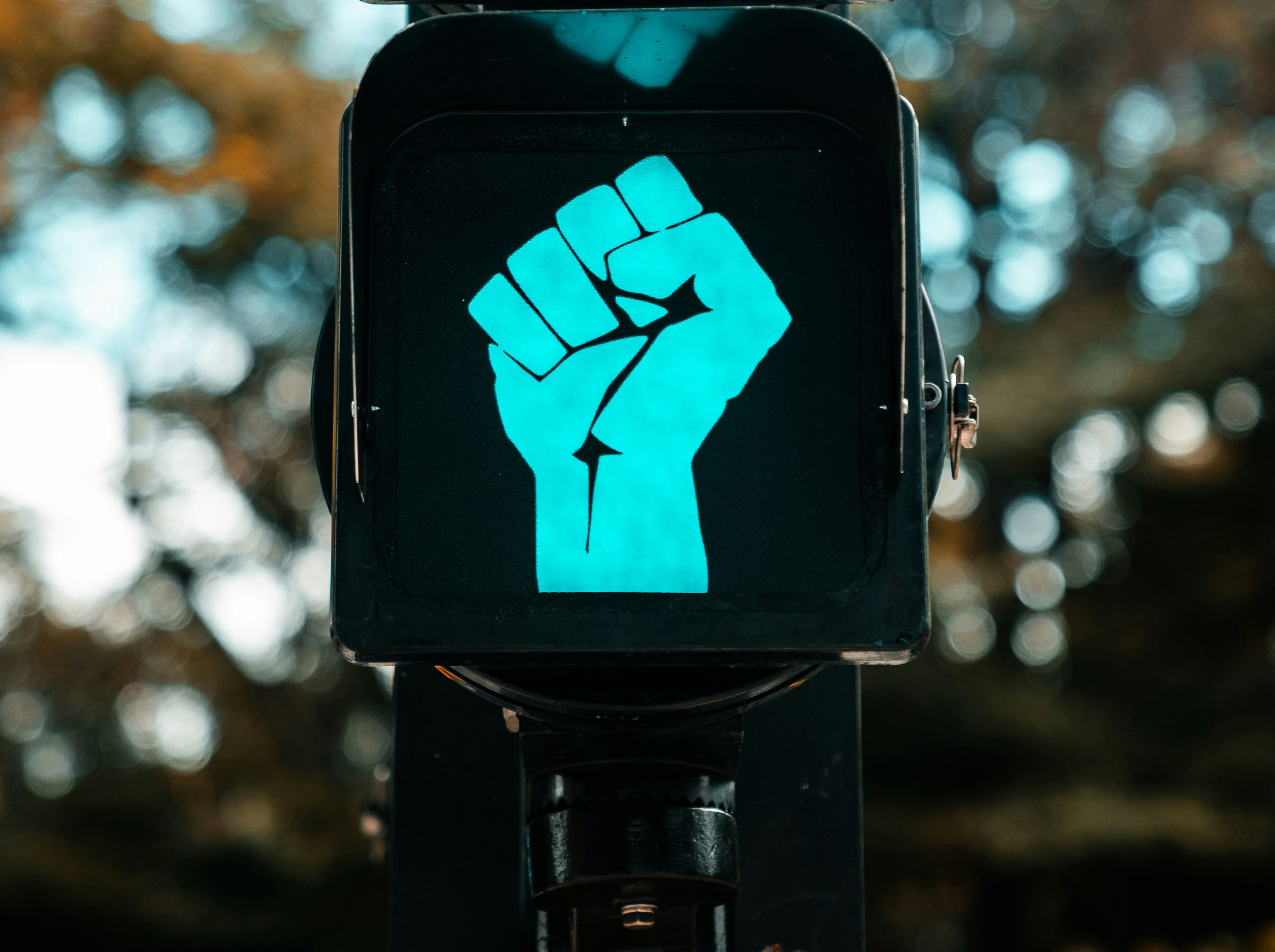 A crosswalk sign that displays an illuminated and raised fist.
